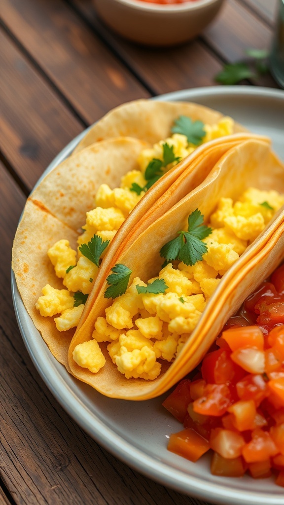 Warm tortillas filled with scrambled eggs, garnished with cilantro and served with salsa on a rustic table.